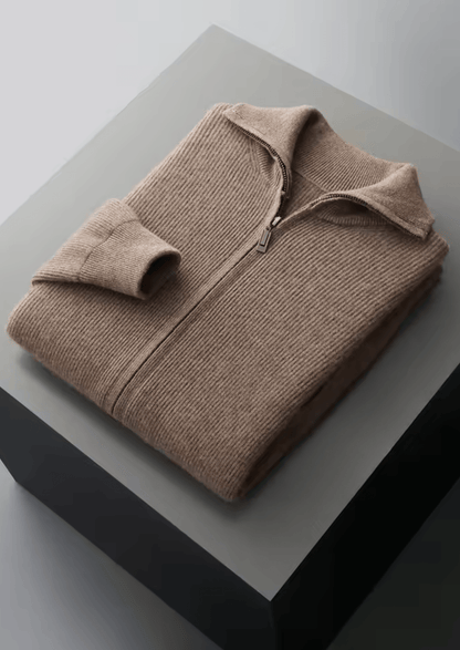 MERINO WOOL RIBBED ZIPPER CARDIGAN - LORMIER - 