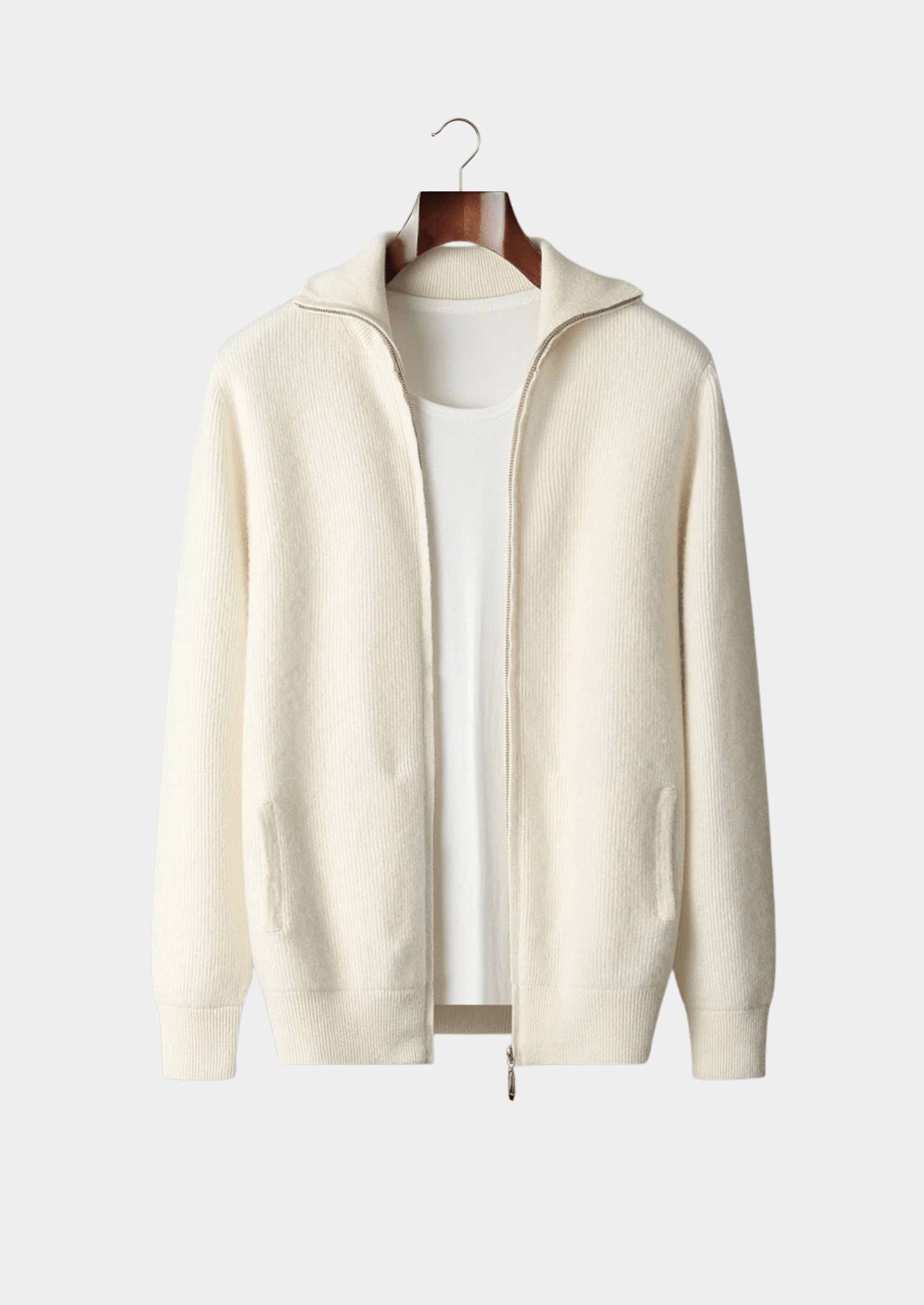 MERINO WOOL RIBBED ZIPPER CARDIGAN - LORMIER - 