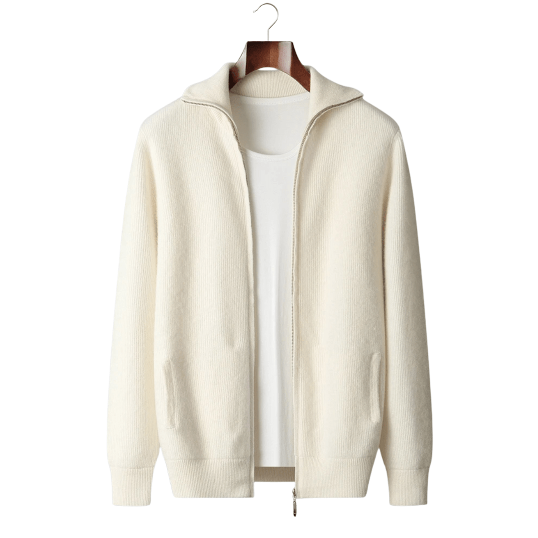 MERINO WOOL RIBBED ZIPPER CARDIGAN - LORMIER - 