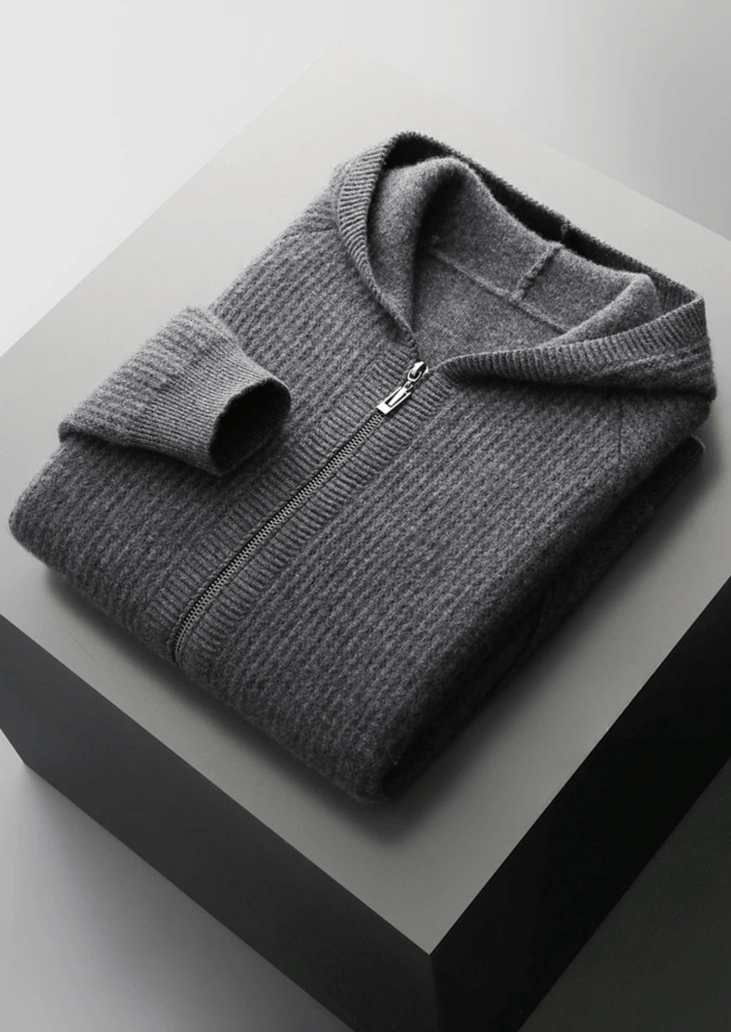 MERINO WOOL RIBBED ZIPPER HOODIE - LORMIER - 