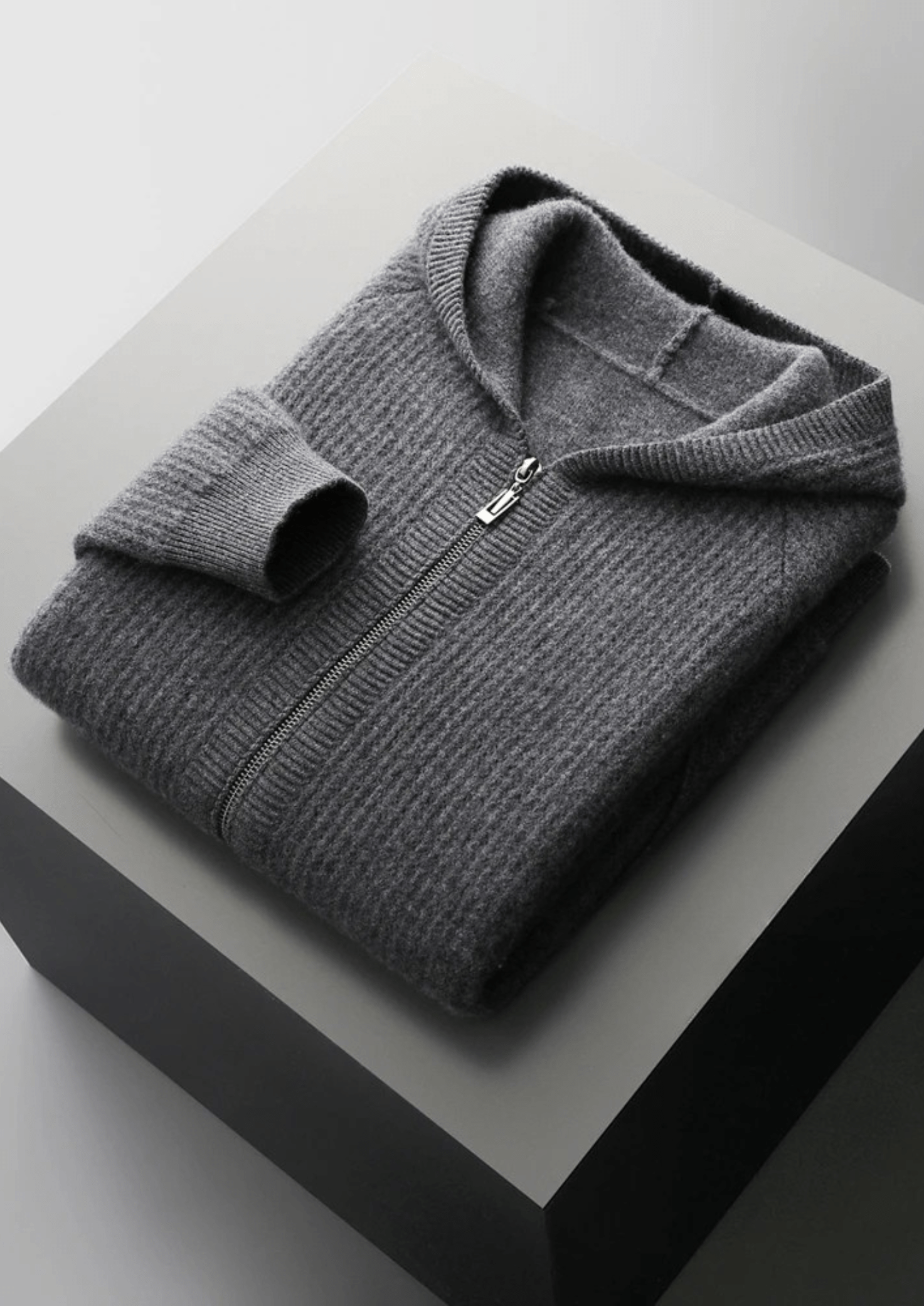 MERINO WOOL RIBBED ZIPPER HOODIE - LORMIER - 