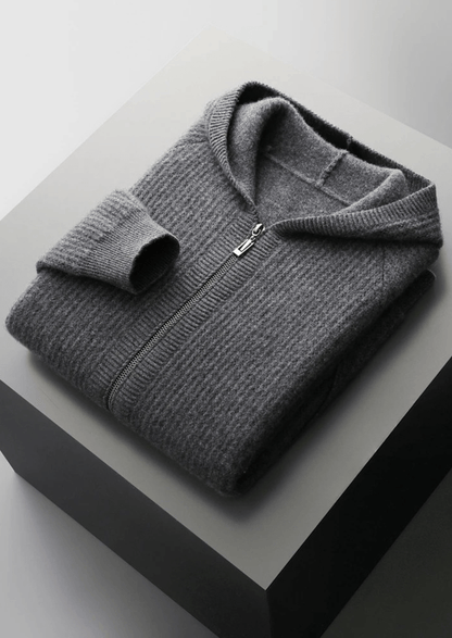 MERINO WOOL RIBBED ZIPPER HOODIE - LORMIER - 