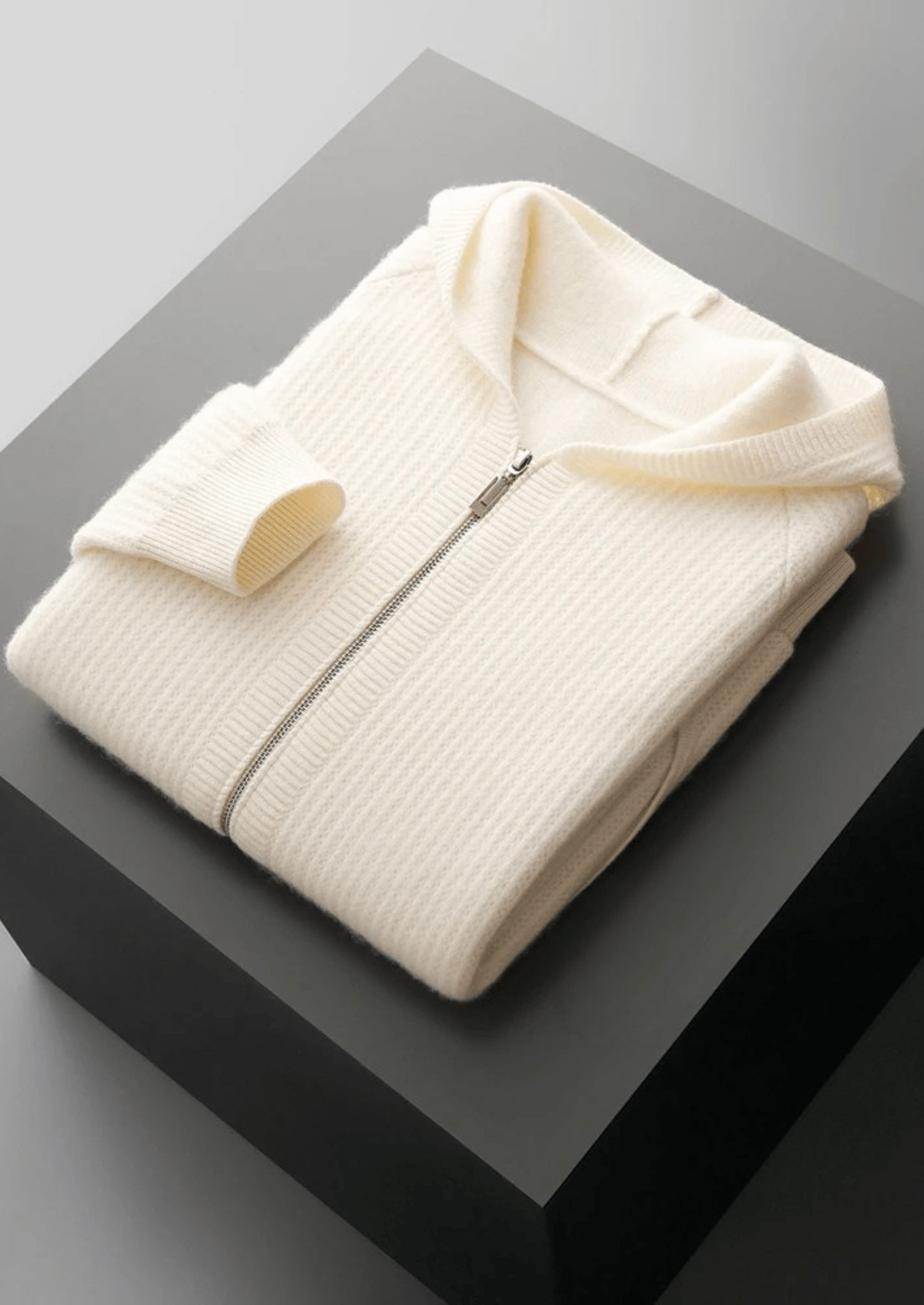 MERINO WOOL RIBBED ZIPPER HOODIE - LORMIER - 
