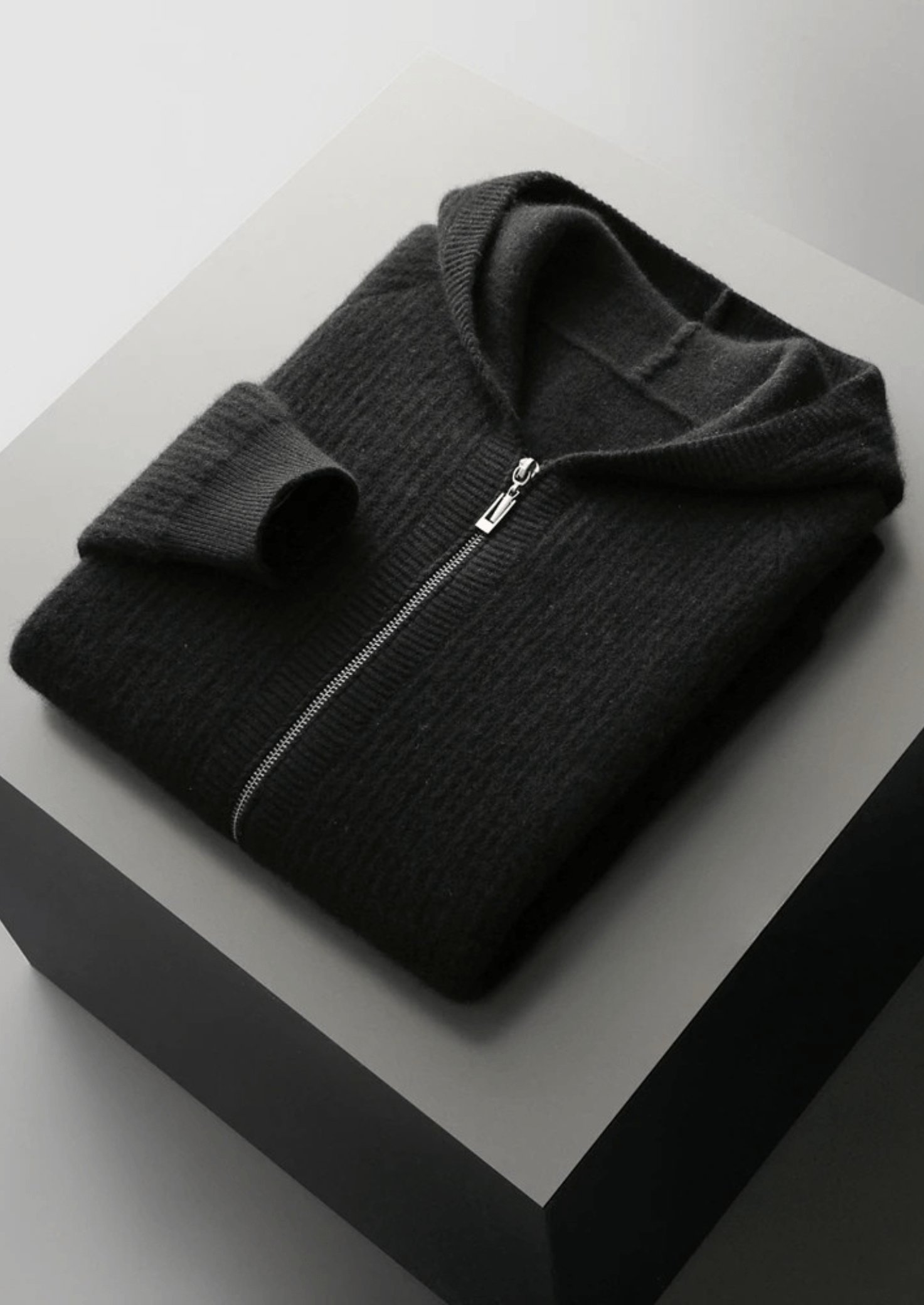 MERINO WOOL RIBBED ZIPPER HOODIE - LORMIER - 