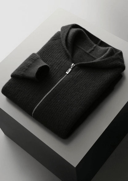 MERINO WOOL RIBBED ZIPPER HOODIE - LORMIER - 