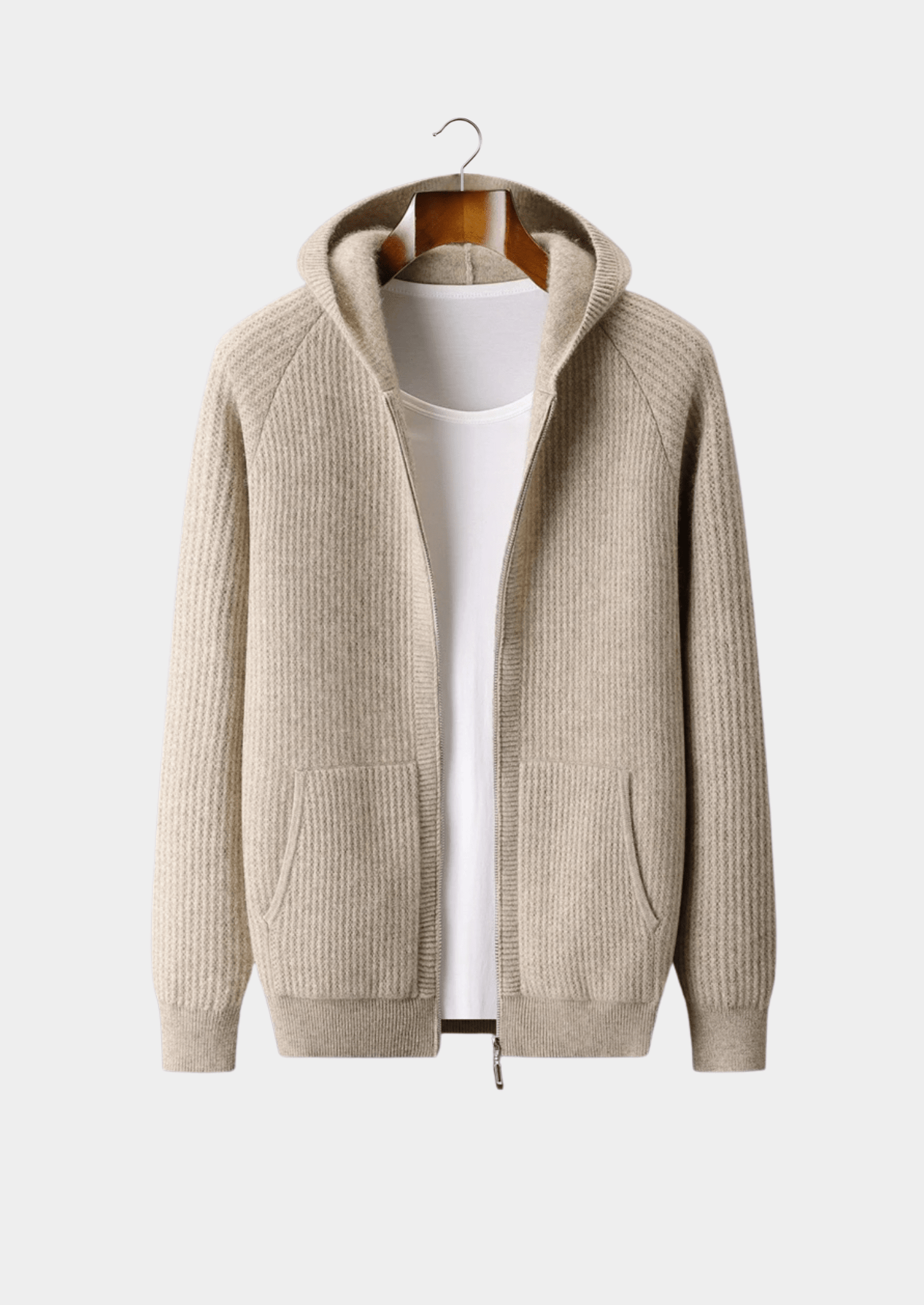 MERINO WOOL RIBBED ZIPPER HOODIE - LORMIER - 