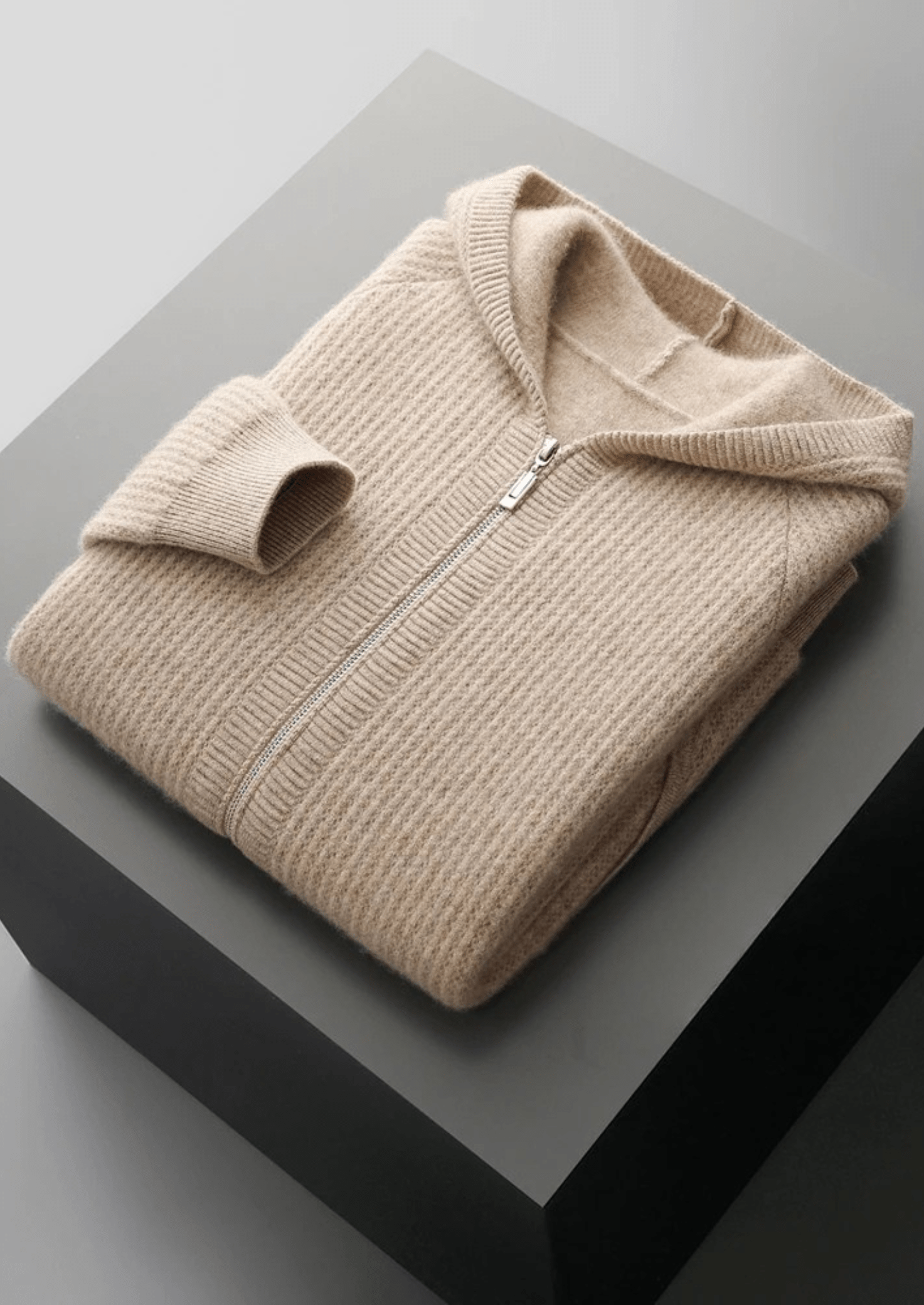 MERINO WOOL RIBBED ZIPPER HOODIE - LORMIER - 