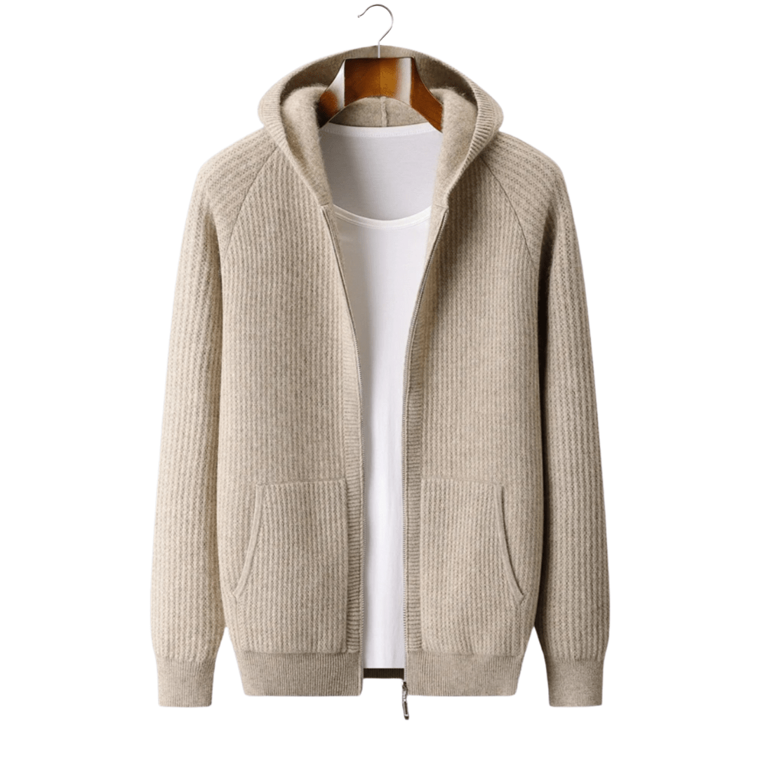 Men's sand beige merino wool ribbed zipper hoodie featuring a textured English rib knit and front pouch pockets.