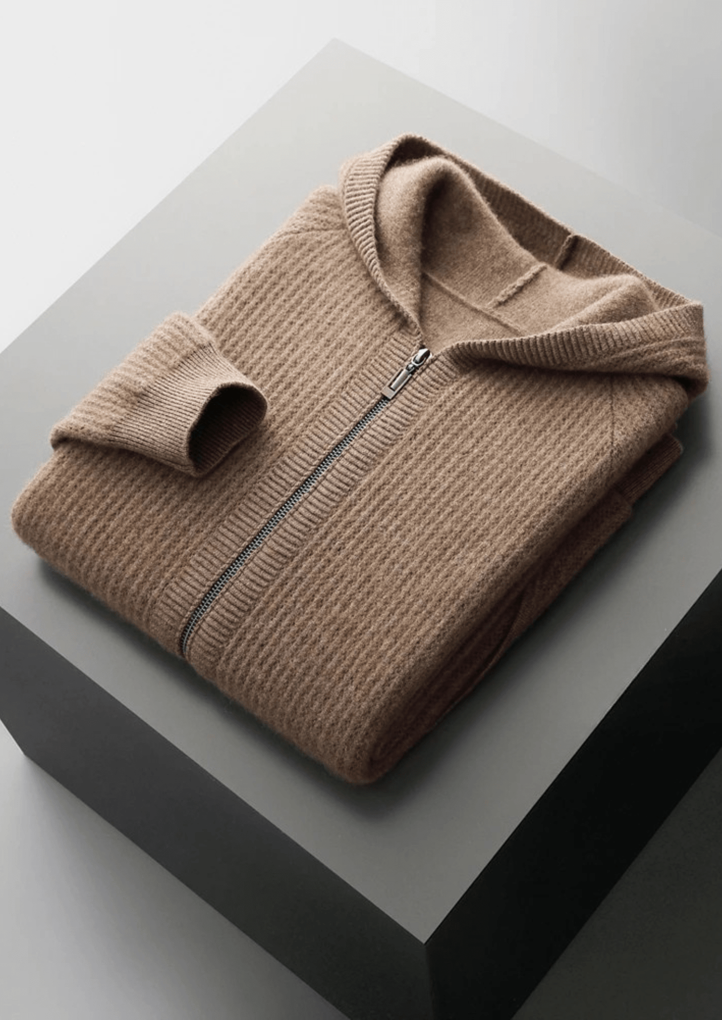 MERINO WOOL RIBBED ZIPPER HOODIE - LORMIER - 