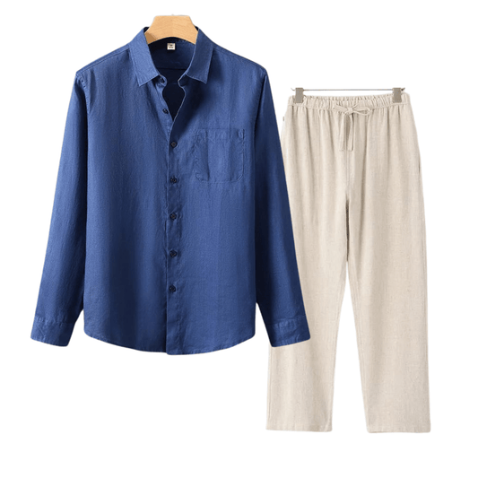 Men's 100% linen set featuring a blue long sleeve shirt and beige straight-leg trousers, designed for a comfortable, cool, and tailored Italian look.