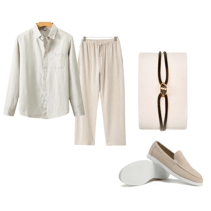 Collage of linen set, necklace, and loafers on a white background