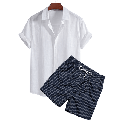 White shirt and navy striped shorts set on a white background