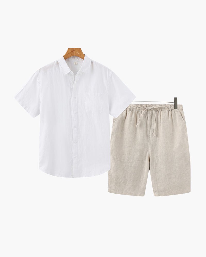 Men's white short-sleeved linen shirt paired with beige tailored linen shorts for a refined Mediterranean style.