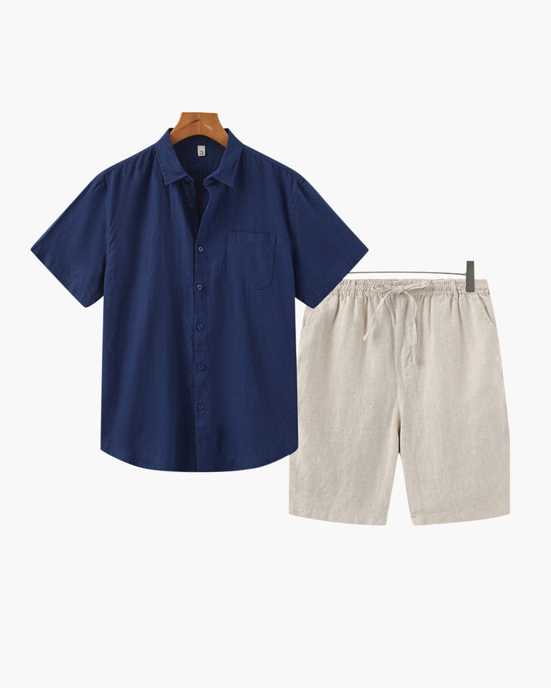 Navy blue short-sleeved linen shirt and beige shorts set, designed for maximum airflow and comfortable summer elegance.