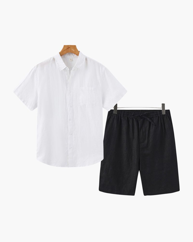 Classic white linen shirt paired with black linen shorts, offering a sharp high-contrast look that stays cool in the heat.