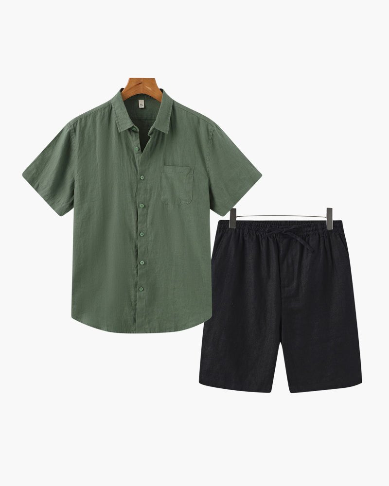 Classic green linen shirt paired with black linen shorts, offering a sharp high-contrast look that stays cool in the heat.