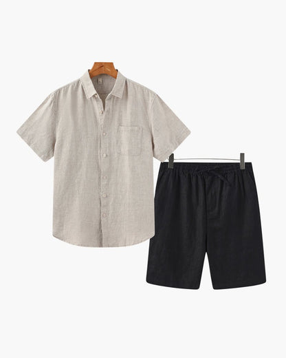 Classic beige linen shirt paired with black linen shorts, offering a sharp high-contrast look that stays cool in the heat.