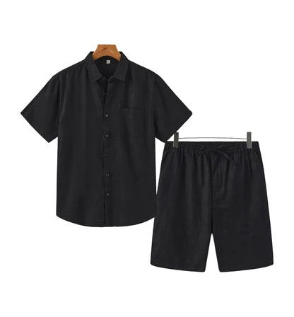 Sophisticated men's black linen co-ord set showcasing a relaxed fit, breathable natural flax weave, and minimalist aesthetic.