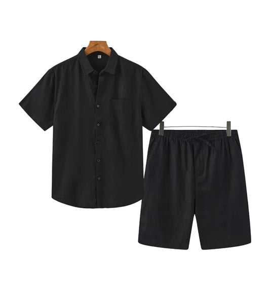 Sophisticated men's black linen co-ord set showcasing a relaxed fit, breathable natural flax weave, and minimalist aesthetic.