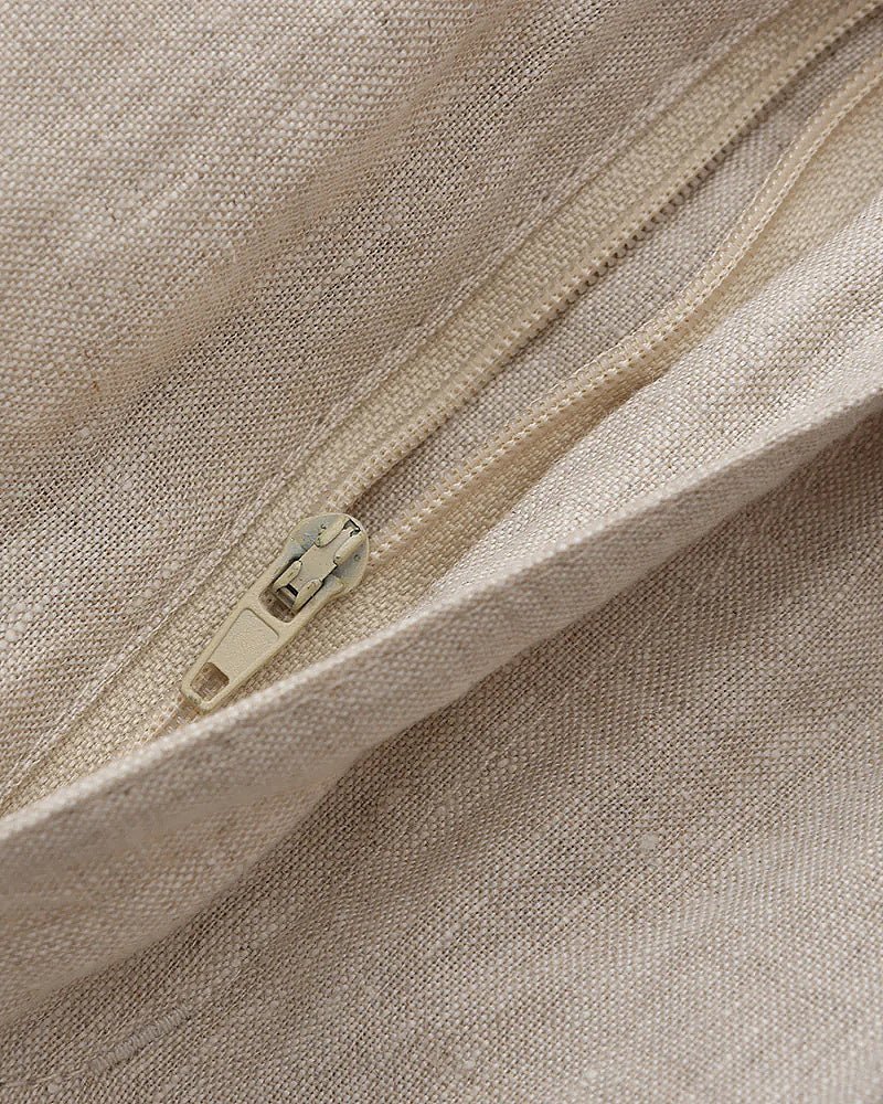 Men's beige 100% linen set featuring a short-sleeved button-down shirt and matching tailored shorts for a monochromatic Old Money look.