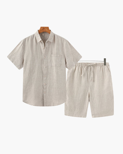 Men's beige 100% linen set featuring a short-sleeved button-down shirt and matching tailored shorts for a monochromatic Old Money look.
