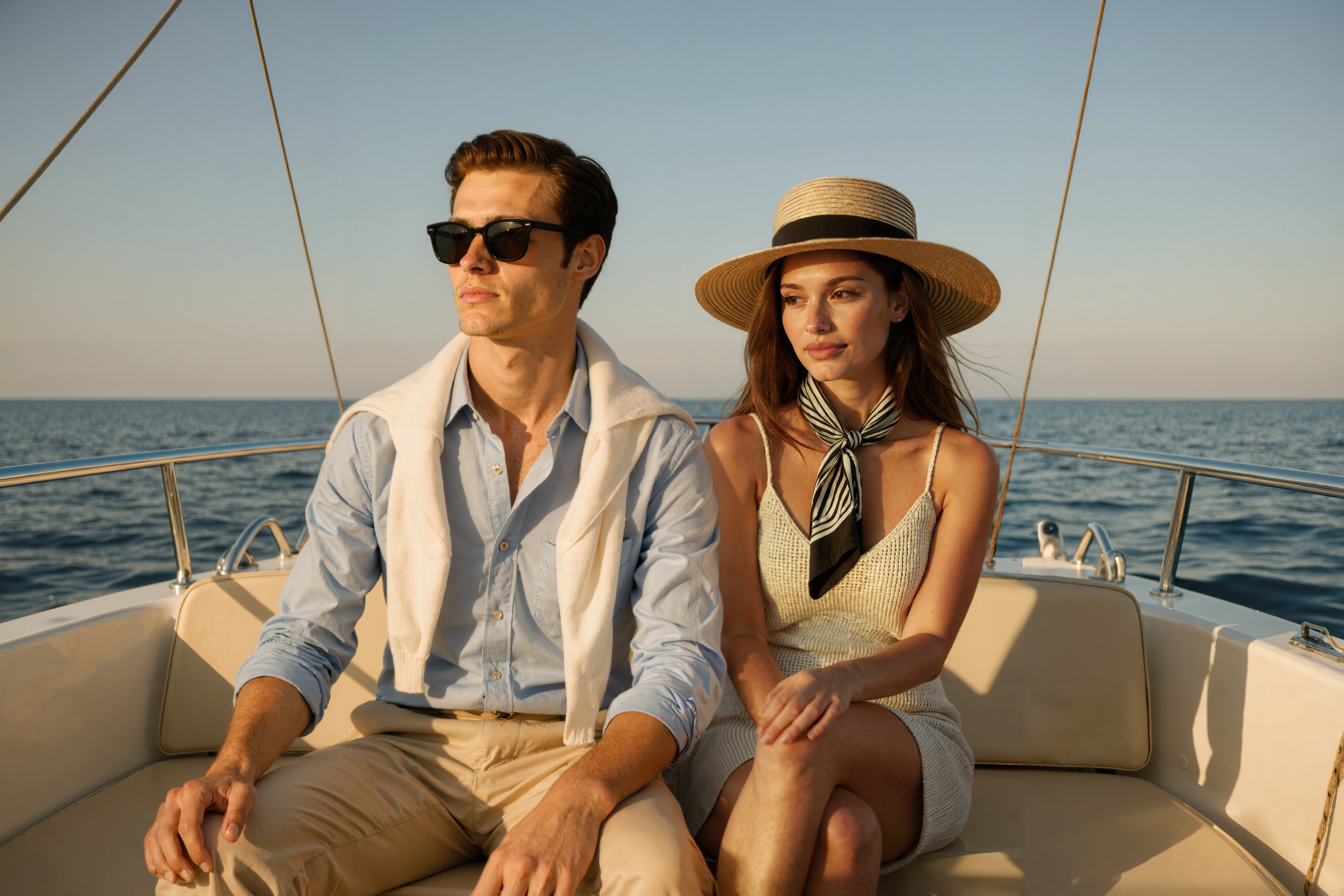 Man and woman sitting on a boat with ocean and sky in the background