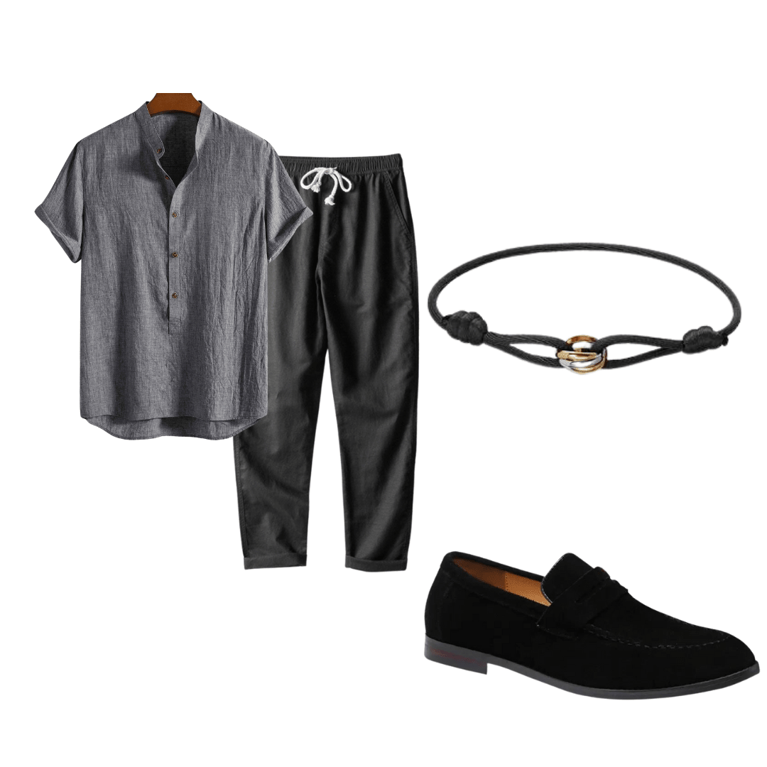 Collage of clothing and accessories including a shirt, pants, loafer, bracelet, and necklace on a white background.