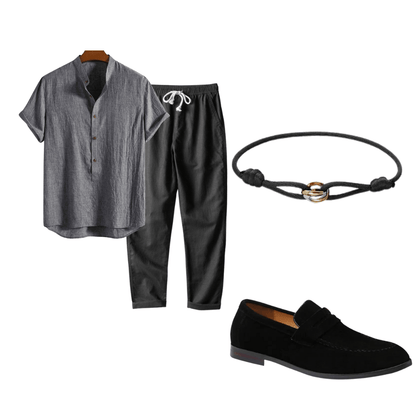 Collage of clothing and accessories including a shirt, pants, loafer, bracelet, and necklace on a white background.