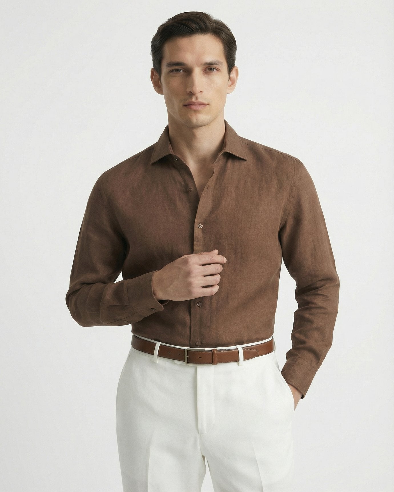 Men's brown classy linen shirt featuring a premium breathable knit and a sophisticated old money fit.
