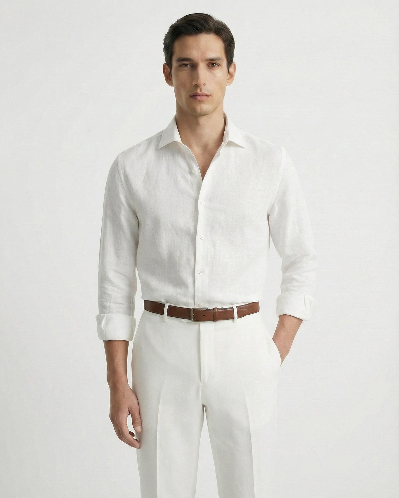 Classic white linen leisure shirt for men, showcasing a lightweight feel and high-end summer tailoring.