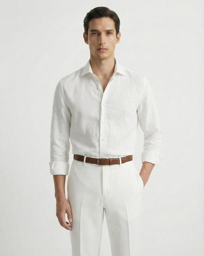 Classic white linen leisure shirt for men, showcasing a lightweight feel and high-end summer tailoring.