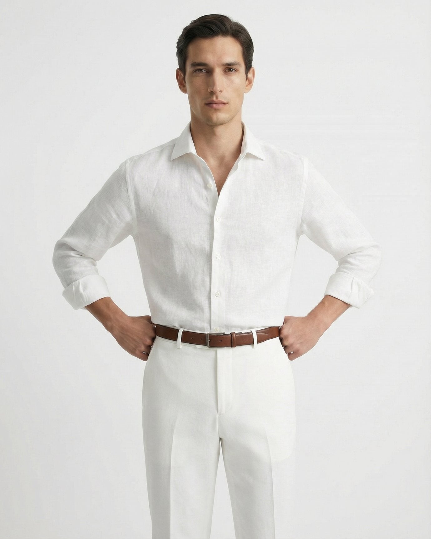 Classic white linen leisure shirt for men, showcasing a lightweight feel and high-end summer tailoring.