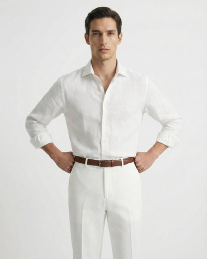 Classic white linen leisure shirt for men, showcasing a lightweight feel and high-end summer tailoring.