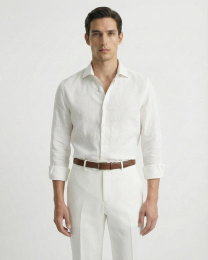Classic white linen leisure shirt for men, showcasing a lightweight feel and high-end summer tailoring.