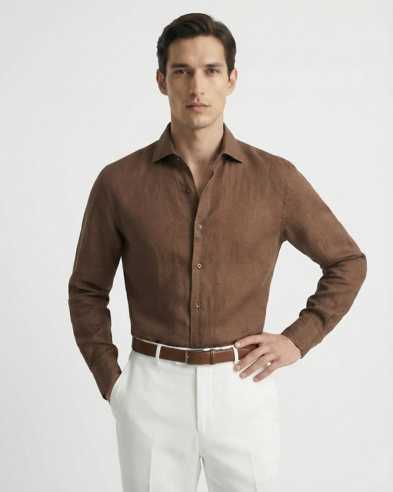Men's brown classy linen shirt featuring a premium breathable knit and a sophisticated old money fit.
