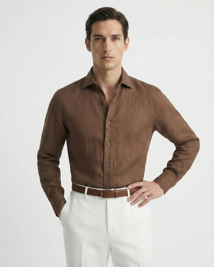 Men's brown classy linen shirt featuring a premium breathable knit and a sophisticated old money fit.