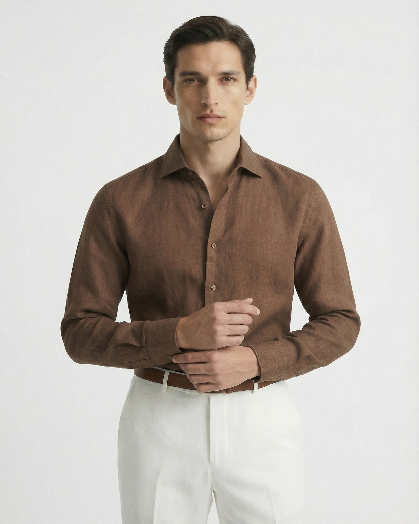 Men's brown classy linen shirt featuring a premium breathable knit and a sophisticated old money fit.