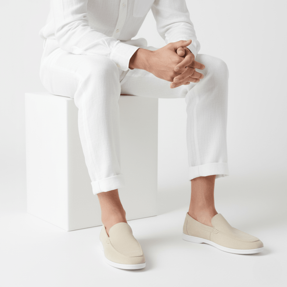 Sophisticated Men's beige suede loafers showcasing a refined 'Old Money' silhouette and comfortable slip-on design.