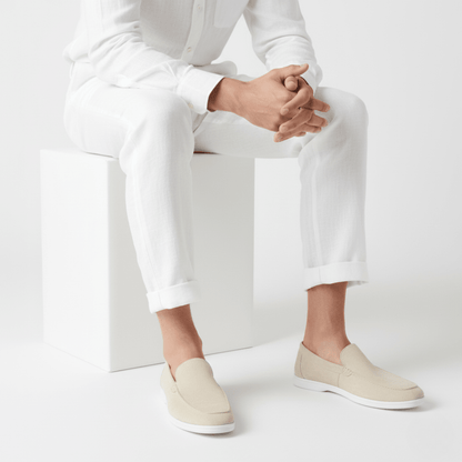 Sophisticated Men's beige suede loafers showcasing a refined 'Old Money' silhouette and comfortable slip-on design.