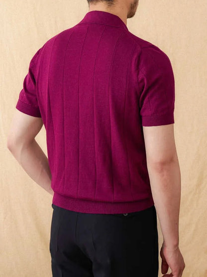 Men's purple open collar polo featuring a sophisticated vertical ribbed texture and a breathable cotton-linen construction.
