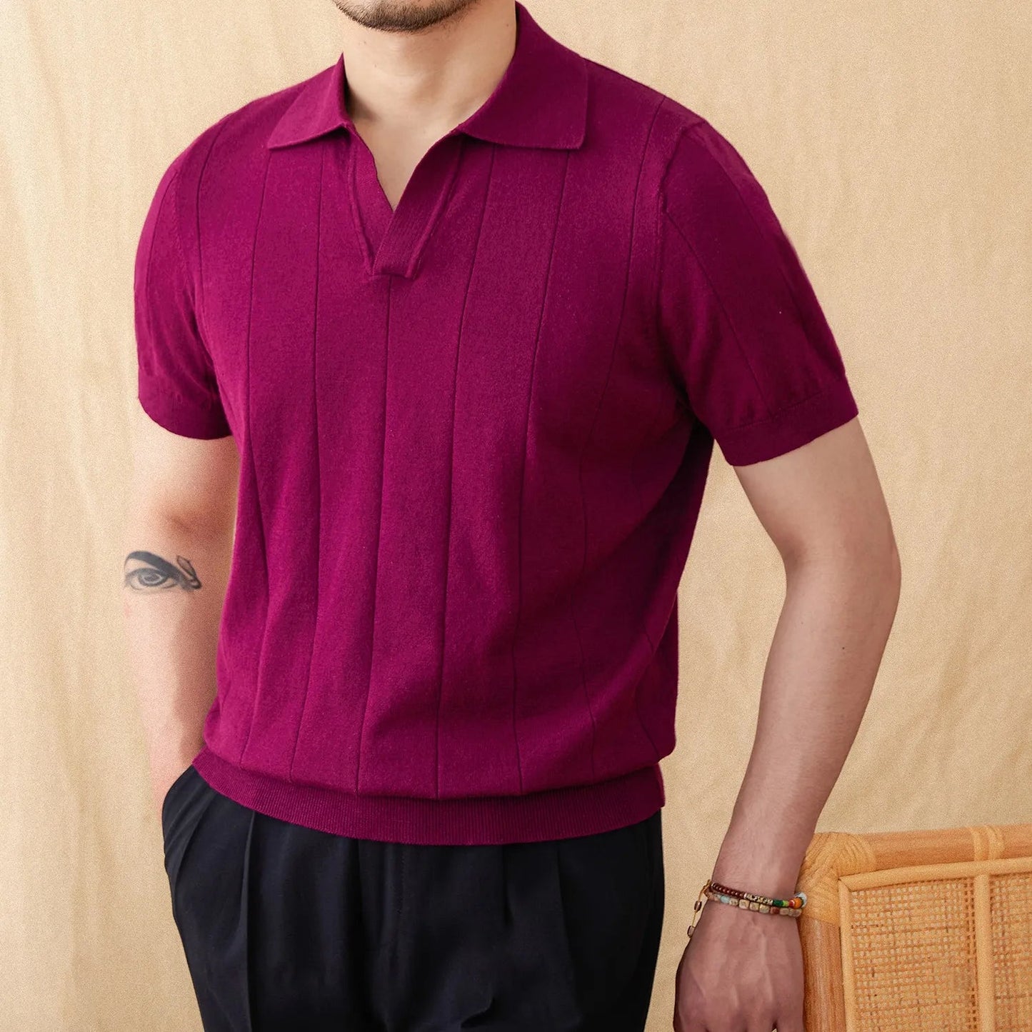 Men's purple open collar polo featuring a sophisticated vertical ribbed texture and a breathable cotton-linen construction.