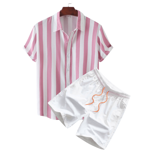 Pink and white striped shirt with white shorts on a hanger against a white background