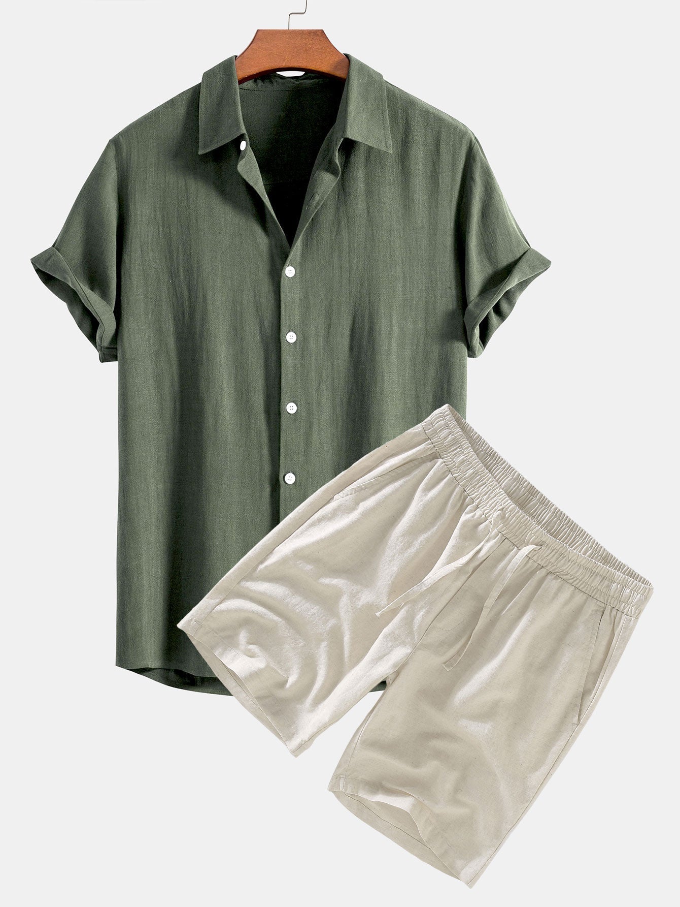 Green shirt and beige shorts set on a white background