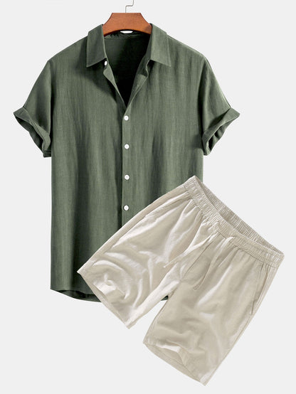Green shirt and beige shorts set on a white background