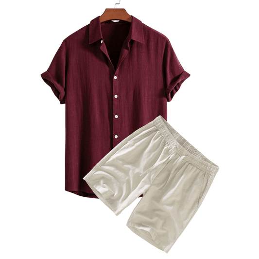 Maroon shirt and beige shorts on a white background