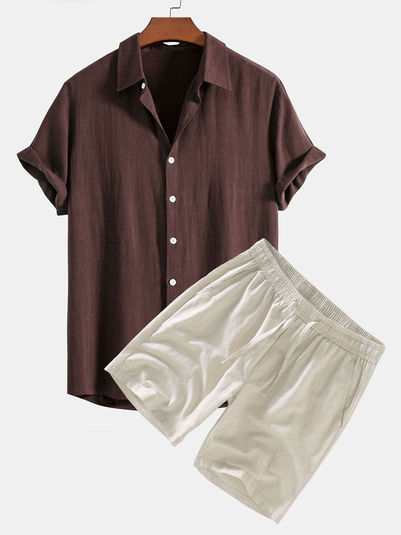 Maroon shirt and beige shorts on a white background