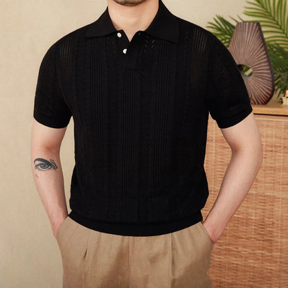 Men's black Pointelle knit polo featuring a sophisticated geometric open-stitch pattern and a tonal, professional buttoned neckline.