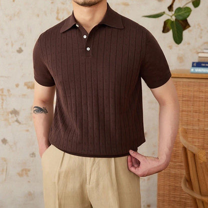 Men's deep chocolate brown textured cotton polo showcasing a sophisticated linear pointelle knit and a tailored silhouette.