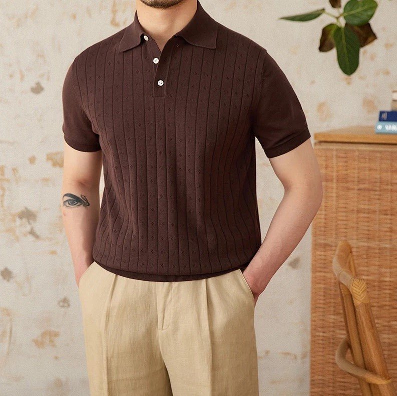 Men's deep chocolate brown textured cotton polo showcasing a sophisticated linear pointelle knit and a tailored silhouette.