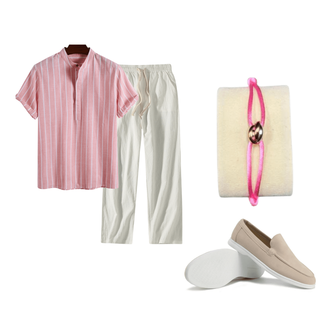 Collage of a pink and white outfit with white pants, a bracelet, and beige loafers on a white background.